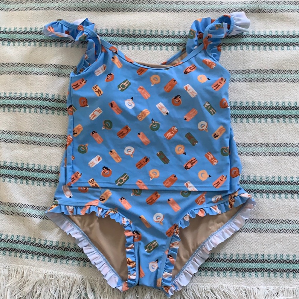 Kortni Jeane Blue Girls One-Piece Swimsuit with Orange and Green Float Print